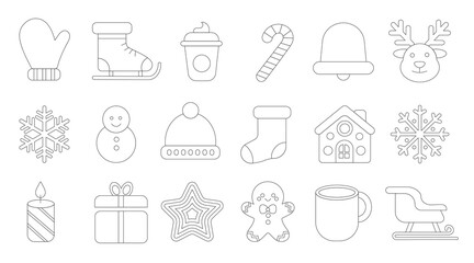 Set of black and white line Christmas icons. Vector illustration. Winter icons with white background. Collection of symbols outlines.