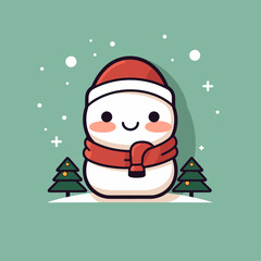 Vector illustration of Cute Snowman with christmas tree on dust green background, suitable for kids sticker, greeting card, christmas design, tattoo and other print on demand