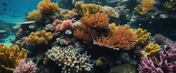 A vibrant coral reef seen from above the water, showcasing the diversity of marine life
