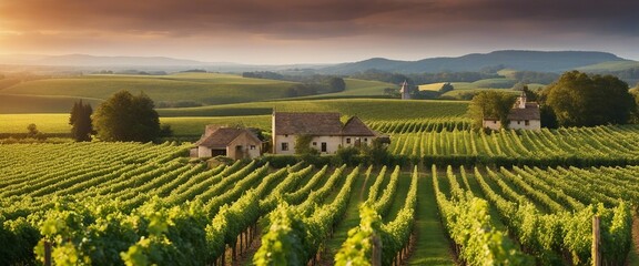 A sprawling vineyard with rows of grapevines leading towards a charming farmhouse in the distance