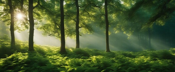 Picture an aerial view of a lush green forest with sunbeams piercing through the canopy