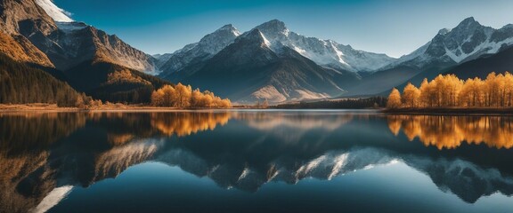 Shoot a panoramic view of a majestic mountain range under a clear blue sky, with a mirror-like lake