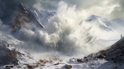 Huge snow avalanche, a mass of snow, ice, and rocks falling rapidly down a mountainside, nature concept