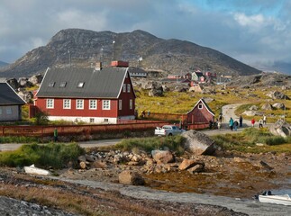 Beautiful town Nanortalic in Greenland,with mountains, during summer time, South Greenland