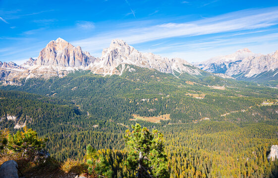 Beautiful vista of rocky dolomite mountains and coniferous forests near Cortina d´Ampezzo, Italy