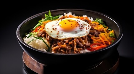flavorful traditional korean bibimbap on black glass table