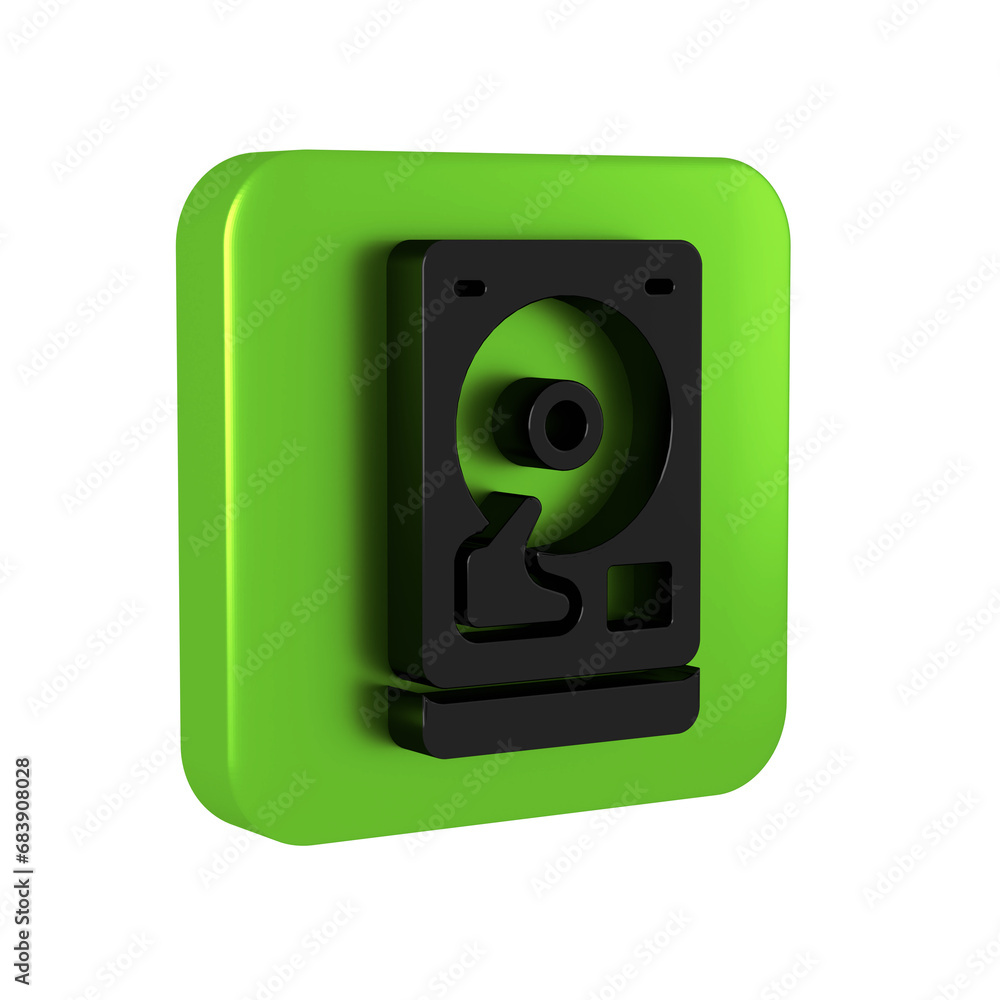 Poster black hard disk drive hdd icon isolated on transparent background. green square button.