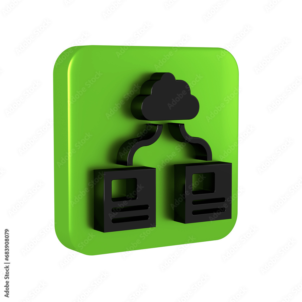 Poster black cloud technology data transfer and storage icon isolated on transparent background. green squa