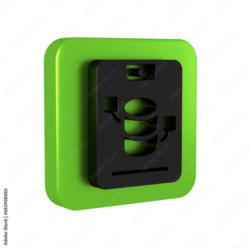 Poster black server, data, web hosting icon isolated on transparent background. green square button.
