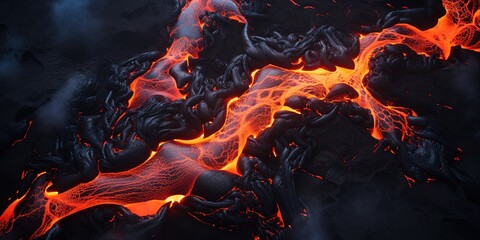 Aerial view to flowing lava from the volcano, amazing nature concept