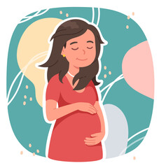 Happy pregnant woman cartoon character. Smiling expectant mother touching her belly with love. Pregnancy, fertility, maternity, baby birth, prenatal health care concept flat vector person illustration