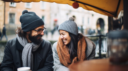 Happy Couple Enjoying Warm Coffee Outdoors on a Chilly Day in Urban Setting