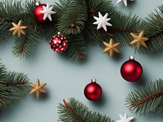 Christmas background with fir branches, red and gold balls on gray background