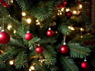 Fototapeta na wymiar Beautiful Christmas tree with golden balls and garlands, closeup
