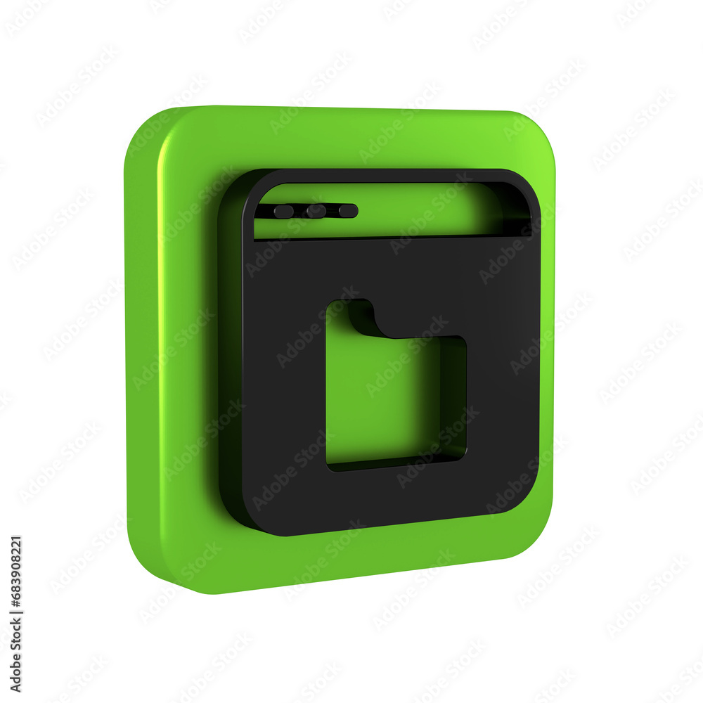 Poster black browser files icon isolated on transparent background. green square button.