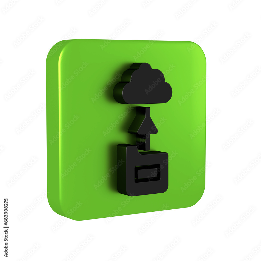 Poster black cloud technology data transfer and storage icon isolated on transparent background. green squa