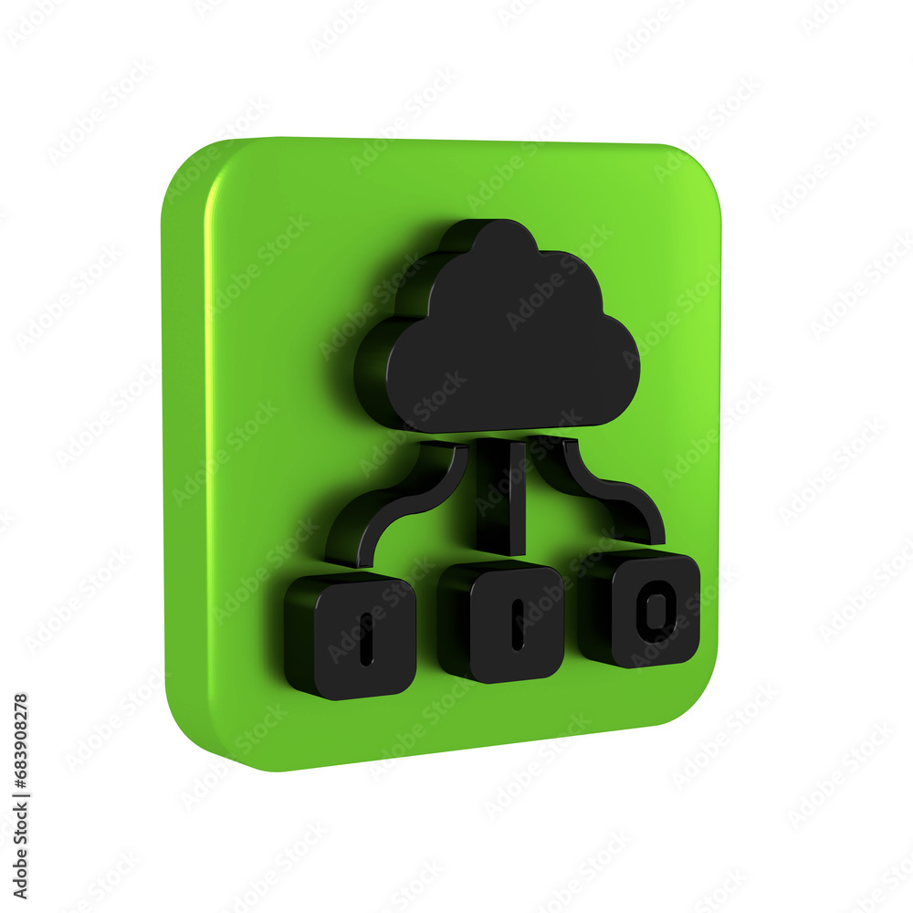 Poster black cloud technology data transfer and storage icon isolated on transparent background. green squa
