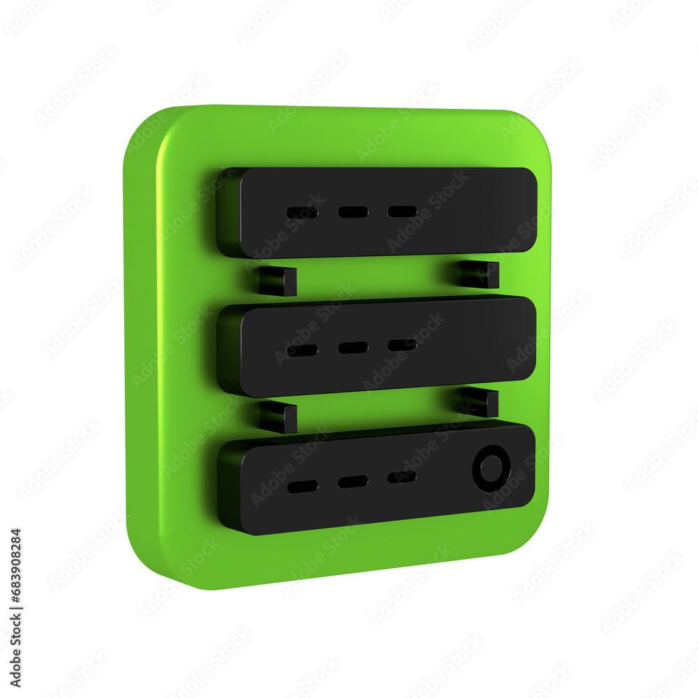 Poster black server, data, web hosting icon isolated on transparent background. green square button.