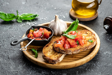 Spanish breakfast with toast of bread with oil and tomato. banner, menu, recipe place for text, top...
