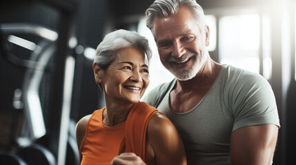 Fototapeta na wymiar Active Senior Couple Smiling Together in Gym Fitness Wellness Concept