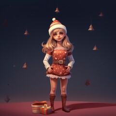 A Festive Girl in a Christmas Outfit Standing Next to a Gift Box