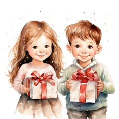 Two Excited Children Discovering a Surprise Gift Box in a Winter Wonderland