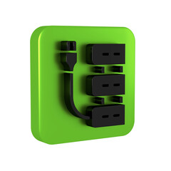 Black Server icon isolated on transparent background. Adjusting app, service concept, setting options, maintenance, repair, fixing. Green square button.