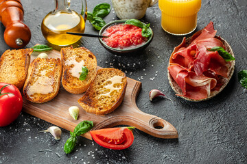 Toast with tomato and Olive oil and jamon ham, traditional Spanish breakfast