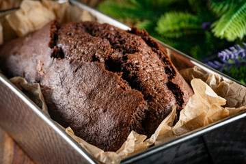 Freshly baked chocolate cake.