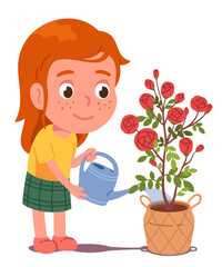 Girl kid watering rose flower plant in pot. Happy gardener little child person character holding water can watering house plant. Agriculture hobby, growth, gardening education flat vector illustration