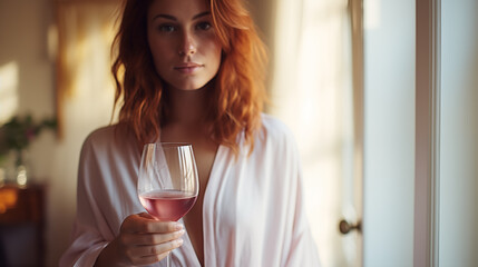 A glass of rose wine in the hands of beautiful woman in dress. Celebrate and enjoy the moment. Tasting of alcoholic beverages. Romantic evening aperitif. Glass for cocktails and wine. Generated AI - Powered by Adobe