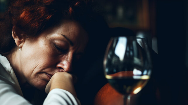 Close Up of Pensive Woman Resting Chin on Hand with Glass of Wine in Soft Focus Background