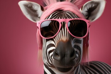 stylish zebra in chic pink sunglasses, and a pink s	xZscarf, complemented by a bold pink background. The ensemble adds a touch of whimsy to the zebra's striking stripes.