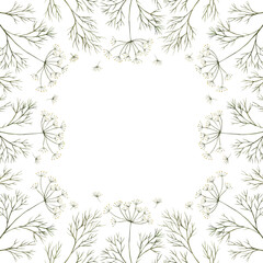 Watercolor frame with dill. Hand-drawn, on a white background. It can be used in graphic and printing design, fabric, paper, posters, menus, booklets, postcards.