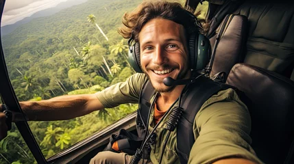 Tuinposter A man in a helicopter taking a selfie while flying over the jungle © AI Studio - R