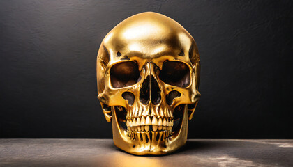 Posh gold human skull on black wall photo with studio light product.