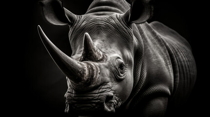 Highly alerted rhinoceros, black and white, monochrome portrait. generative ai