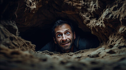 Portrait of a person in a cave - obrazy, fototapety, plakaty