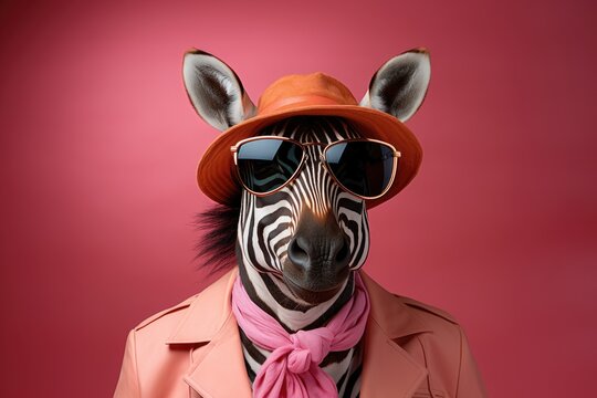 stylish zebra decked out in a trendy orange fedora, chic sunglasses, and a pink neck scarf, complemented by a bold pink background. The ensemble adds a touch of whimsy to the zebra's striking stripes.