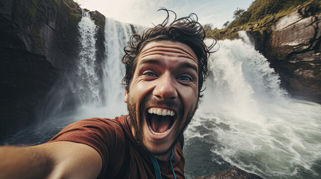 A man taking a selfie next to a waterfall