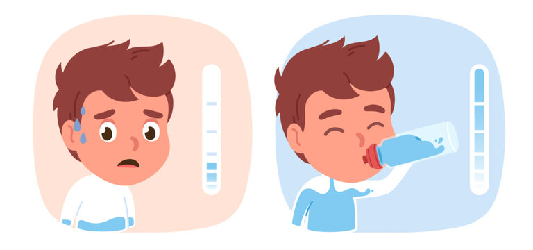 Thirsty and drinking water boy. Worried dehydrated kid suffering and child holding water bottle comparison, thirst scale. Aqua liquid, beverage, hydration concept flat vector person illustration