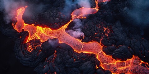 Aerial view to flowing lava from the volcano, amazing nature concept