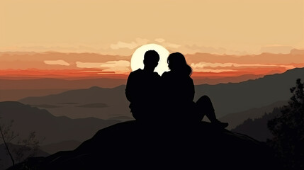 Romantic Couple Silhouette Enjoying Sunset View on Mountain Peak