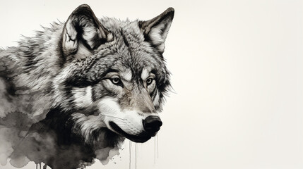 Detailed Wolf Artwork Illustration with Watercolor Splash Effect in Monochrome Palette