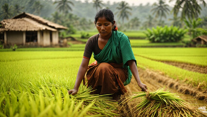 Indian woman farmer working in the rice field. - obrazy, fototapety, plakaty