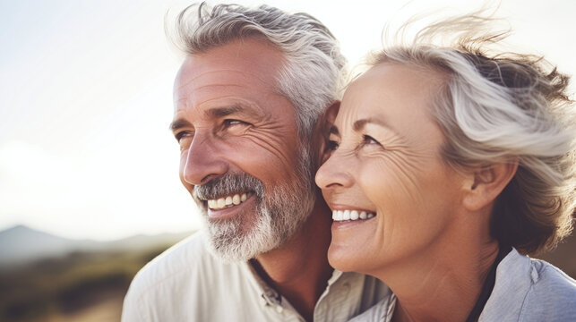 Happy Senior Couple Smiling Together Outdoors with Gentle Sunlight Flaring in Serene Natural Setting