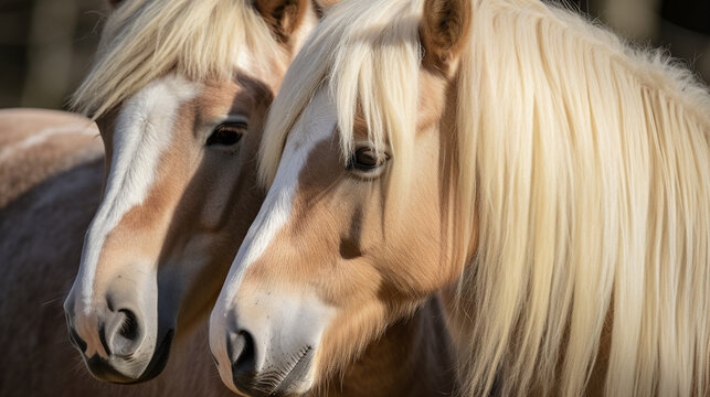 Two Beautiful Palomino Horses with Golden Mane in Natural Light 