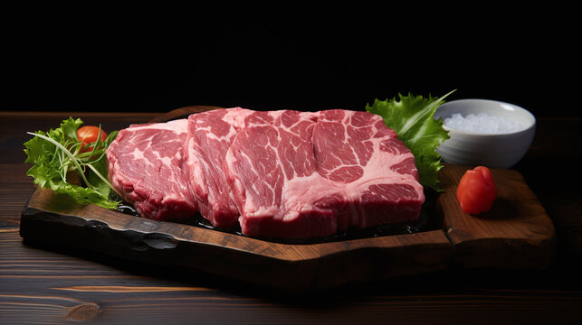 Fresh Raw Beef Steaks Ready for Grilling with Greens and Tomatoes on Wooden Cutting Board High Quality Image