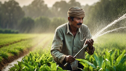 Person watering a field. - obrazy, fototapety, plakaty