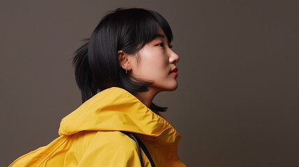 Side Profile of Young Asian Woman in Yellow Rain Jacket on Neutral Background